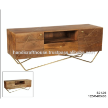 Industrial Brass Inlay in Mango Wood and metal legs with Storage TV Stand